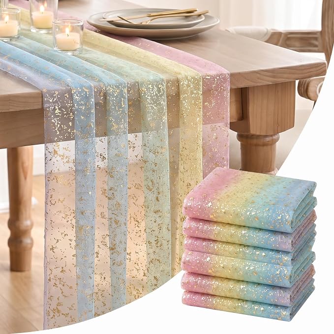 Artoid Mode 6-Pack Gold Gauze Table Runner 120 Inch 10FT, Rainbow Glitter by ArtoidMode