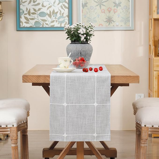 NEWISHER Rustic Embroidered Plaid Cloth Table Runner 48 inches, Farmhouse - Image 3
