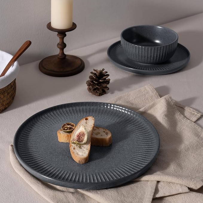 Famiware Ceramic Plates and Bowls Sets, Reactive Glaze Ribbed Dishes - Image 3