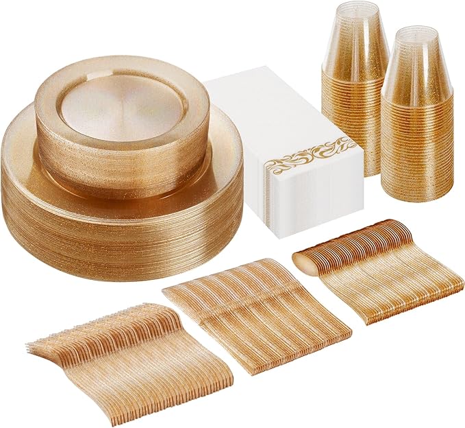 175 Pieces Gold Glitter Disposable Dinnerware Set by GoodLuck
