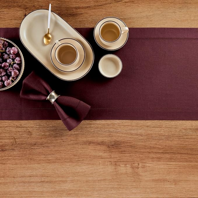 Solino Home 100% Pure Linen Table Runner Burgundy Hemstitch, 14 x 72 in | - Image 3