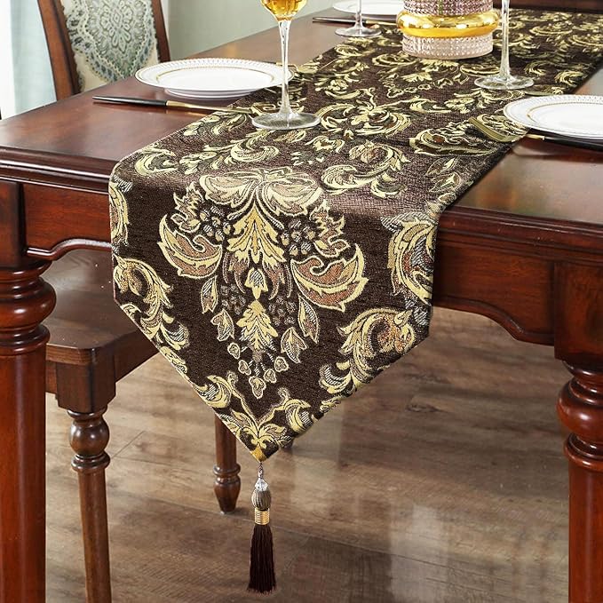 Sophisticated Jacquard Dark Brown Chenille Table Runner 84 inches Long | by HeMiaor
