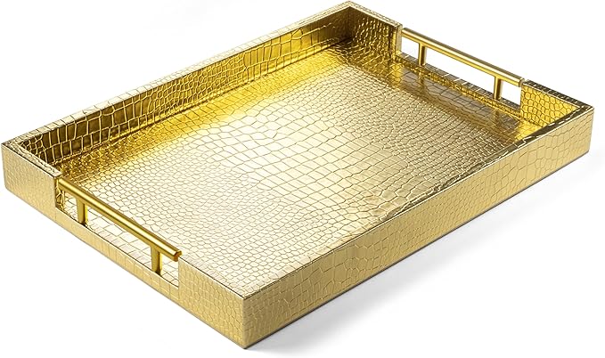 ATZYmolin 17"x12" Leather Serving Tray, Polished Metal Handles, Coffee Table by ATZYmolin