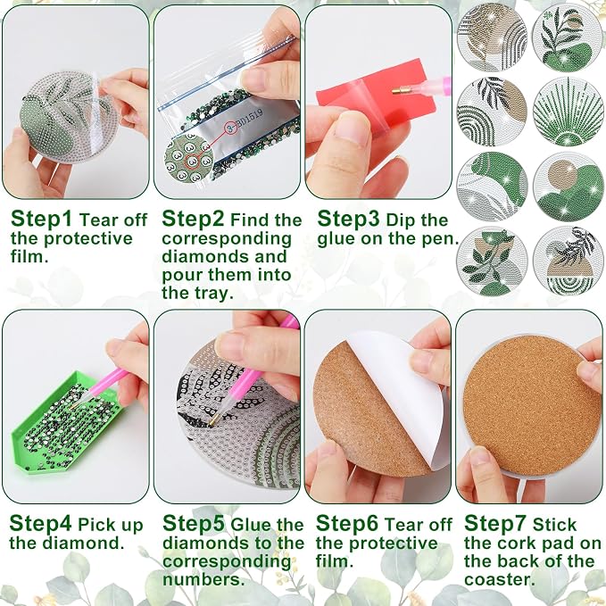 8 Pcs Boho Diamond Art Painting Coasters Holder Green Plants | Abstract Diamond - Image 3