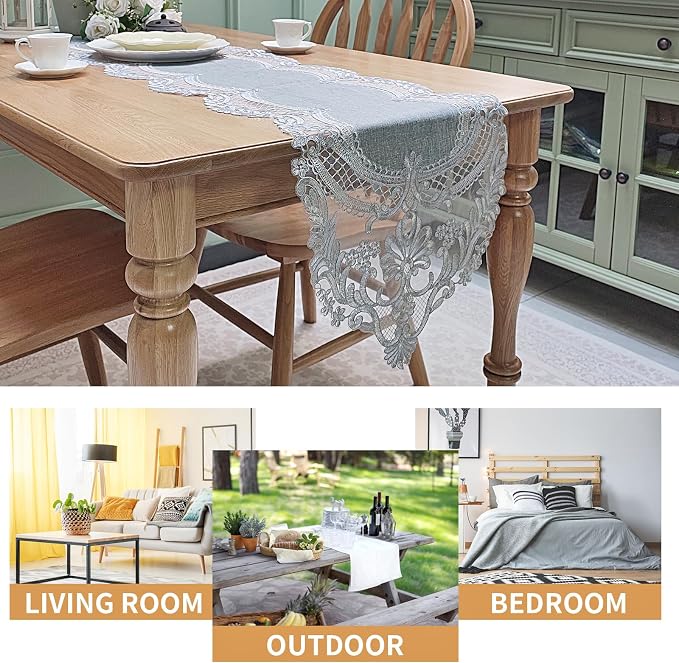 Elegant Vintage Lace Table Runner 72 inches Long Grey Silver - Image 8