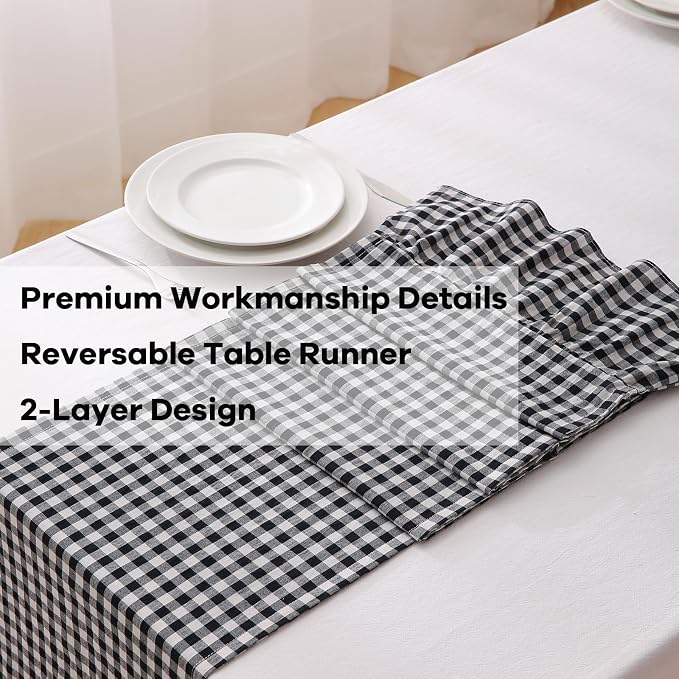 Black White Plaid Gingham Ruffle Table Runner 108 inches Long 100% Washed - Image 5