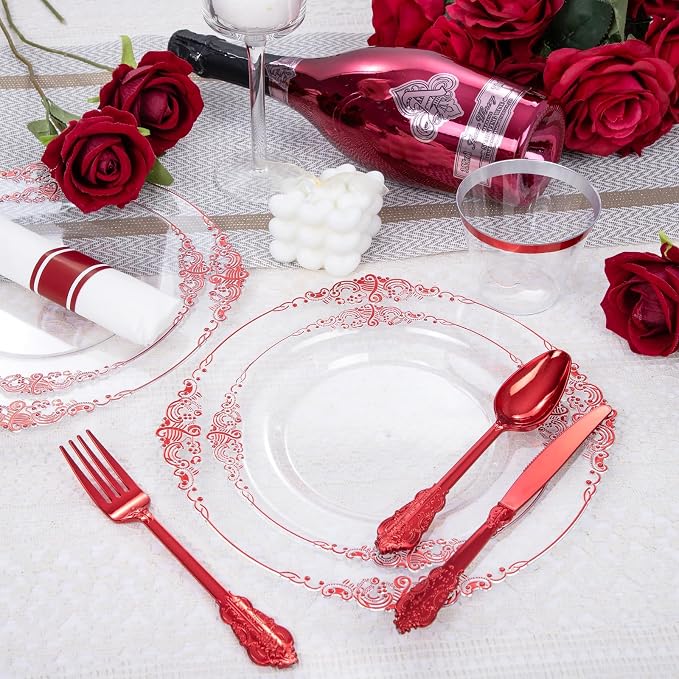 175 Pcs Clear Red Plates for Party | Red Party Plates Set for 25 Guests - Image 6