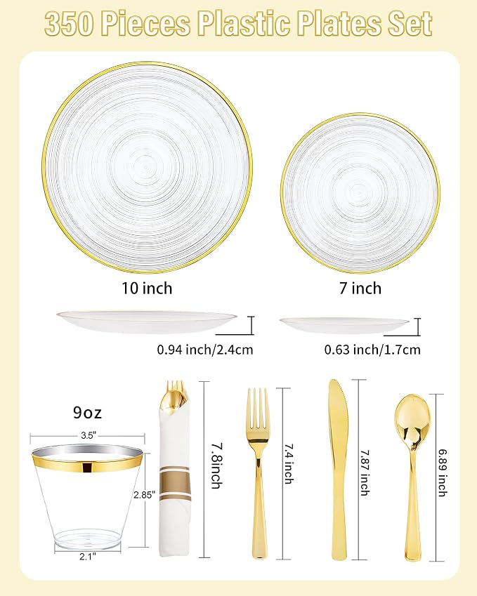 Morejoy 350PCS Clear Gold Plastic Plates - Image 3