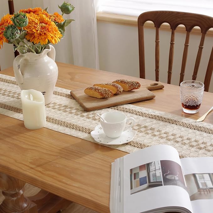 Boho Table Runner with Tassels 12 x 36 Inches Long, Cream & Brown Rustic - Image 4