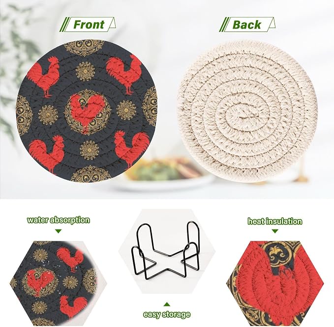 Rooster Mandala Black Print Coasters - Image 4