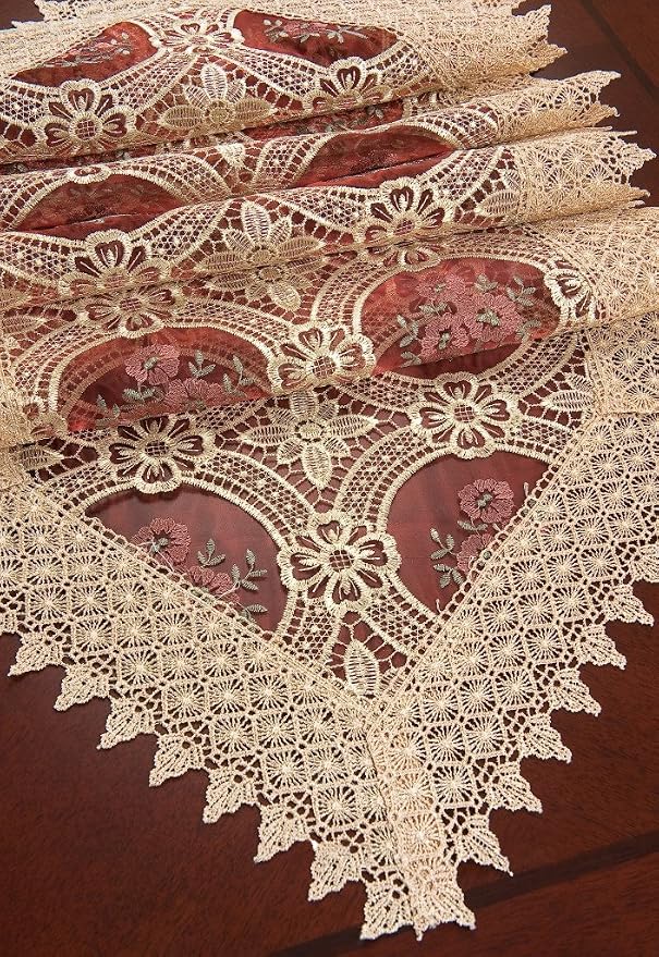 Antique Gold Lace Table Runner Embroidered Burgundy Organza 16 × 90 Inch - Image 3