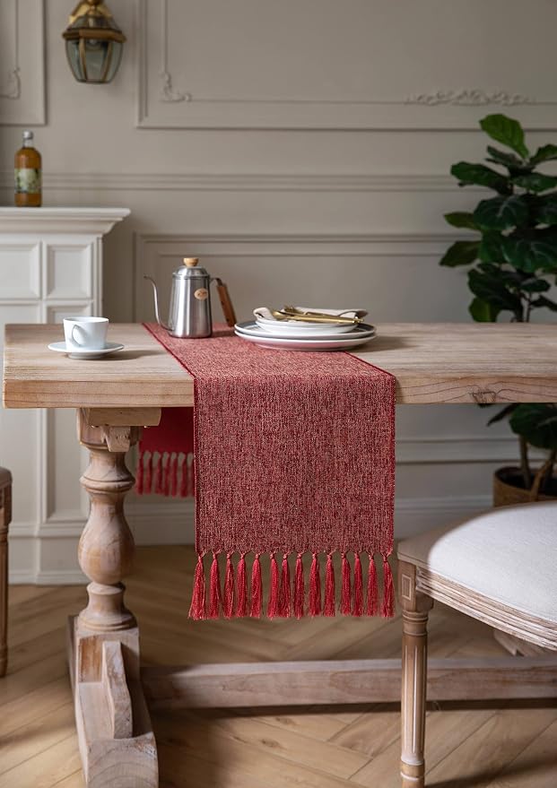 Red Table Runners 60 Inches Long, Burlap Linen Style Rustic Farmhouse Table - Image 3