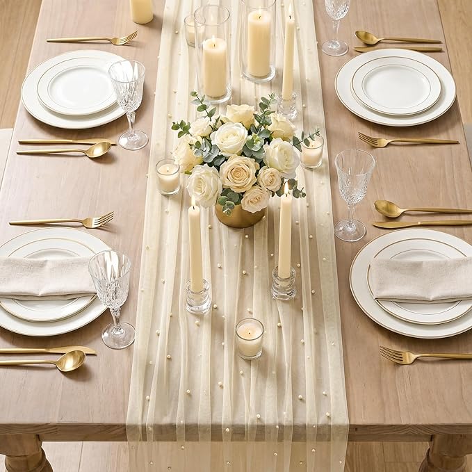 Artoid Mode 6PCS Pearl Champine Gauze Table Runner 120 Inch 10FT, Seasonal - Image 3