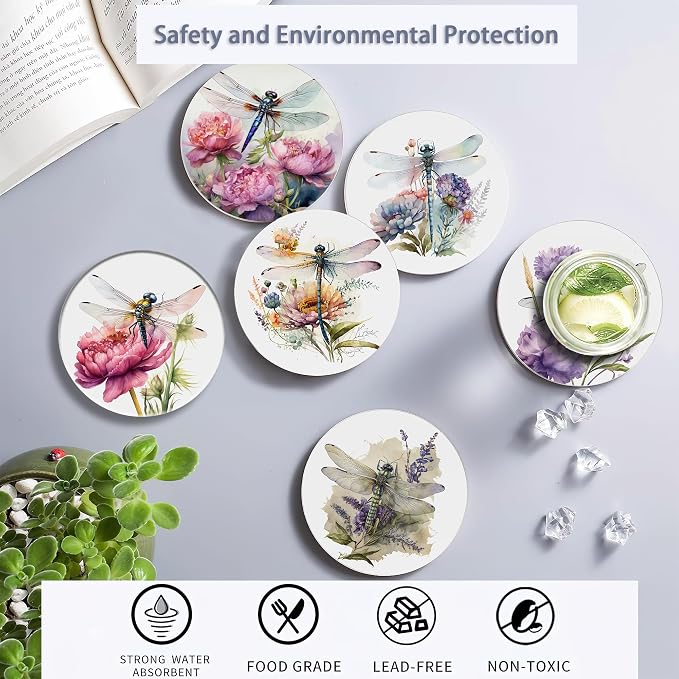 Coaster for Drinks Set of 6, Dragonfly Flower Absorbing Round Ceramic Stone - Image 4