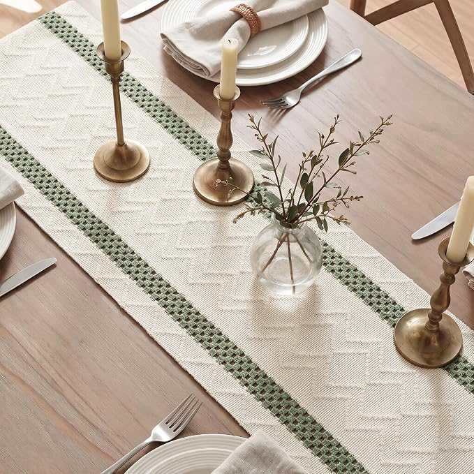 Artoid Mode Sage Green Stripe Woven Rustic Table Runner 12x90 Inch | Holiday - Image 4