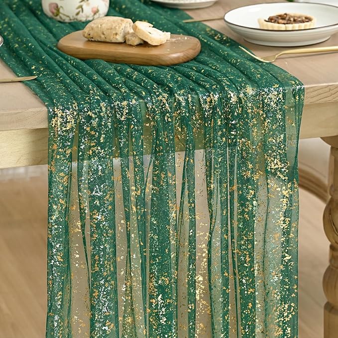 Artoid Mode Green Gold Gauze Table Runner 59x120 Inch 10FT, Glitter Metallic by ArtoidMode