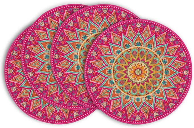Artoid Mode Pink Yellow Mandala Round Placemats Set of 4, 14 Inch Seasonal by ArtoidMode