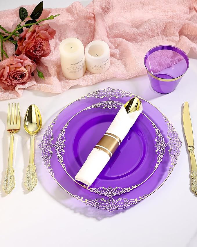 175 Piece Clear Purple Plastic Dinnerware Set - Image 2
