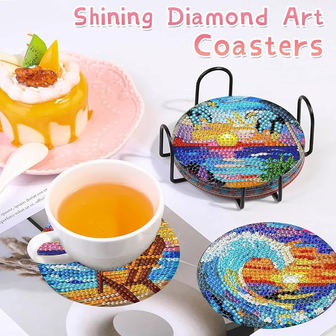 8 PCS Diamond Art Coasters Kits Sunset Beach Diamond Painting Coaster | Diamond - Image 4