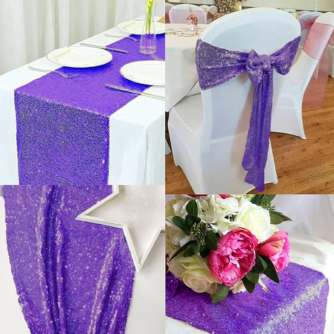 12 Packs 12 X 72 Inch Purple Sequin Table Runner Glitter Dining Table Runner - Image 7