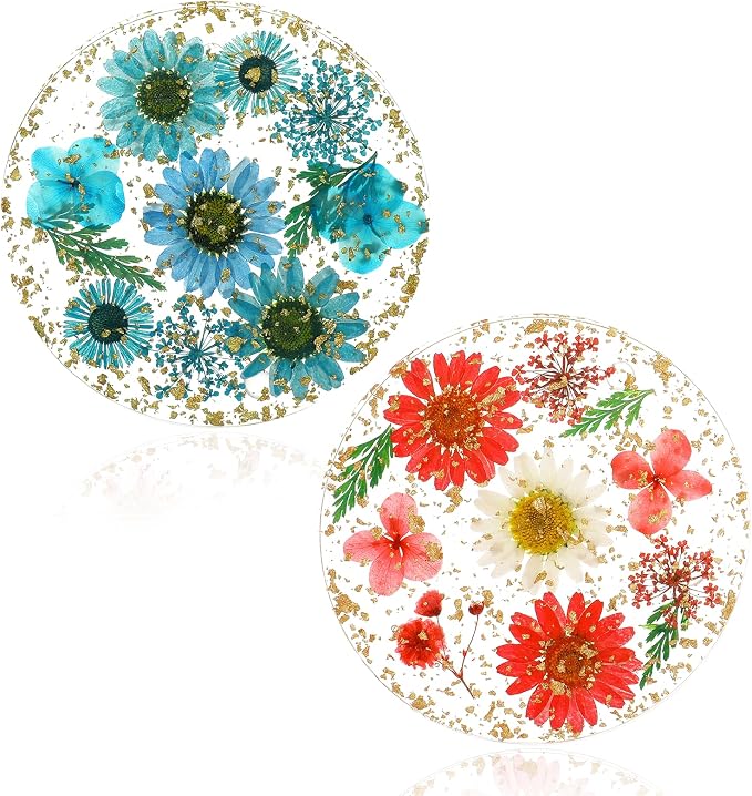 Amabro Dried Flower Drink Coasters, Floral Resin Drink Cup Mat Set of 2 by Amabro