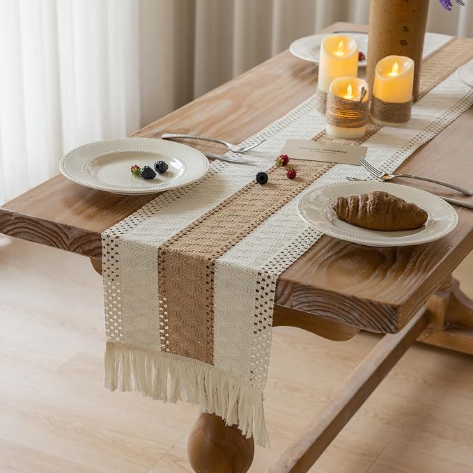 Keketoarrange Boho Macrame Table Runner 13x60 Inch | Woven Burlap Rustic Runner - Image 2