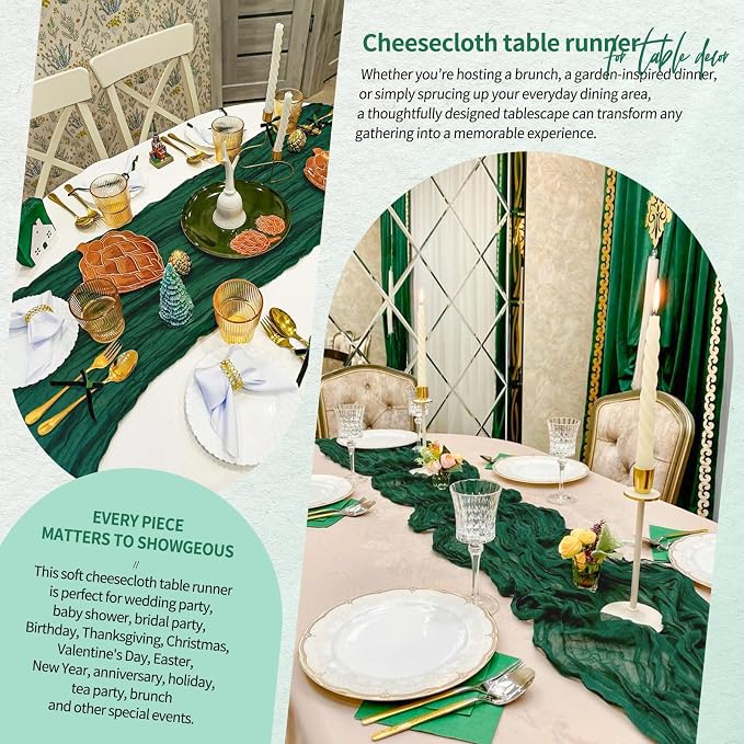 Showgeous 2 Pack Emerald Green Cheesecloth Table Runners Boho Wedding Decor | - Image 8