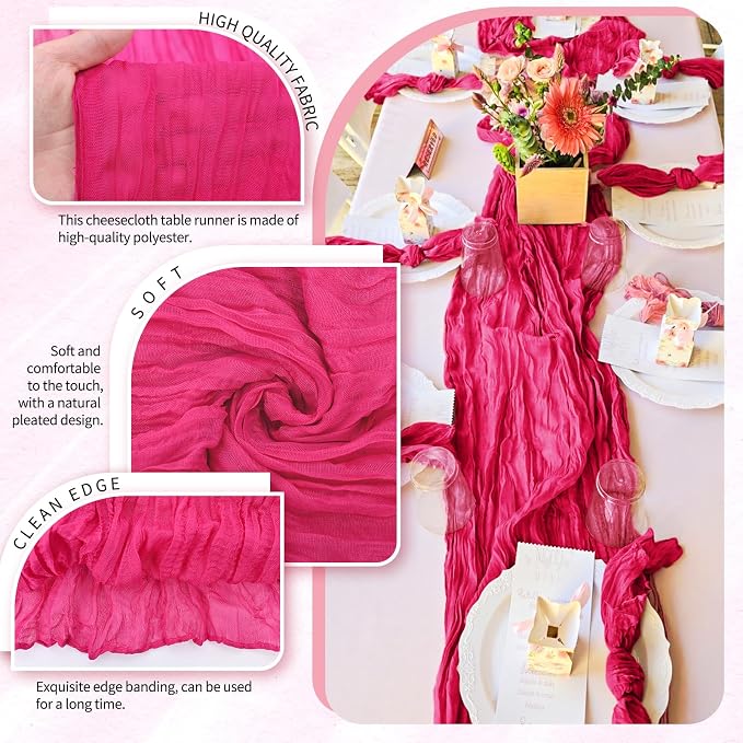 4 Pack Cheesecloth Table Runner 10FT Hot Pink Table Runner Boho Gauze Cheese - Image 3
