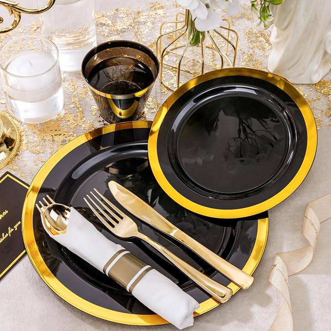 YOUBET 350PCS Black and Gold Plastic Plates - Image 5