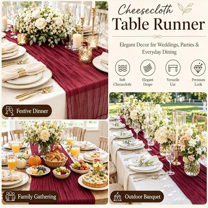 10 Pack Burgundy Cheesecloth Table Runner 22 x 120 Inch Gauze Table Runner | - Image 5