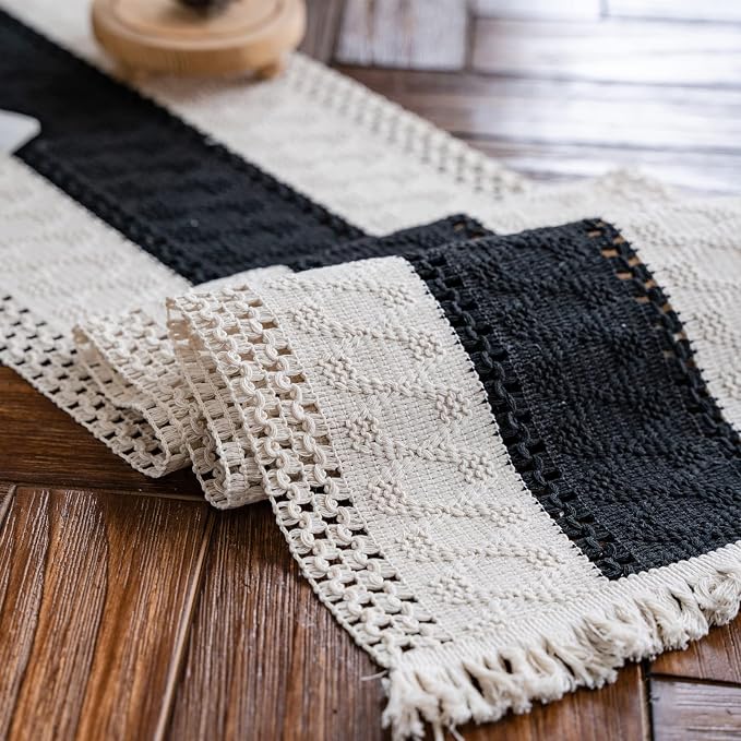 Macrame Table Runne Beige and Black Boho Runners by AlynsehomCreateaBetterLife