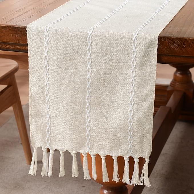 Wracra Rustic Linen Table Runner, Ivory Table Runners 108 inches Long | Raised by Wracra
