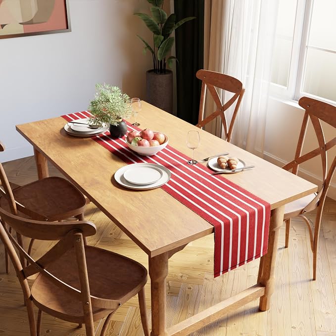 Encasa XO Table Runner, Yarn Dyed Ribbed Cotton 13"x98" | Roma Red Stripes - Image 2