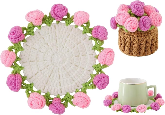 Crochet Flower Coasters, Handmade Bouquet Coasters by VaneOak