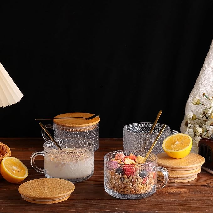 Overnight Oats Cups 4pcs Vintage Glass Coffee Mugs Embossed Tea Cup Set | - Image 2