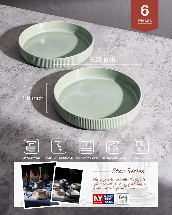 famiware Star 8.25" Pasta Bowls Set of 6, Bowl Plates, Light Green | Microwave - Image 2