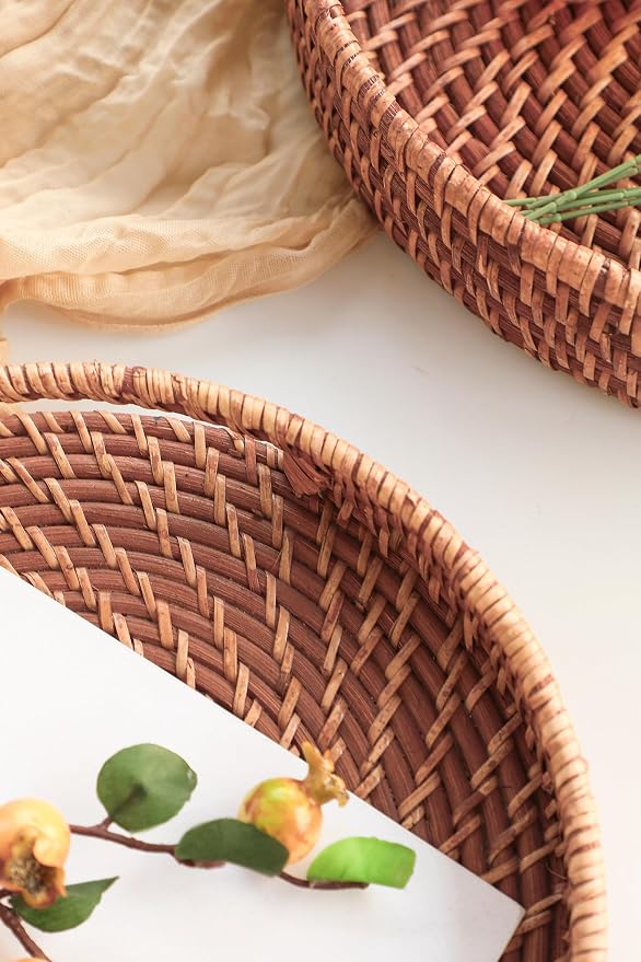 HITOMEN Hand-Woven Round Rattan Serving Tray Decorative Ottoman Wicker Platter - Image 3