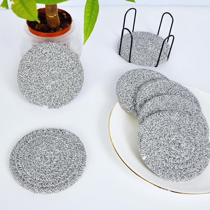 ABenkle Drink Coasters with Holder Set of 10, Cotton Woven Absorbent Coasters - Image 6