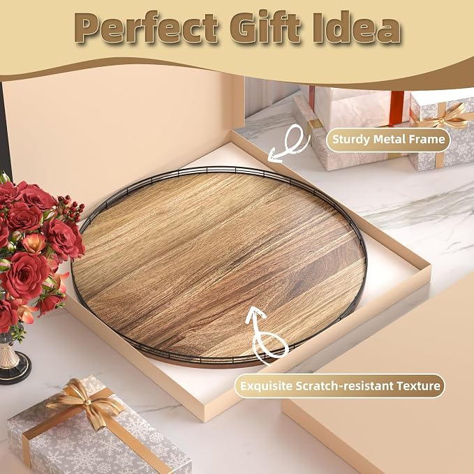 24 Inch Lazy Susan Turntable, Heavy Duty Acacia Wood Round Tray - Image 7