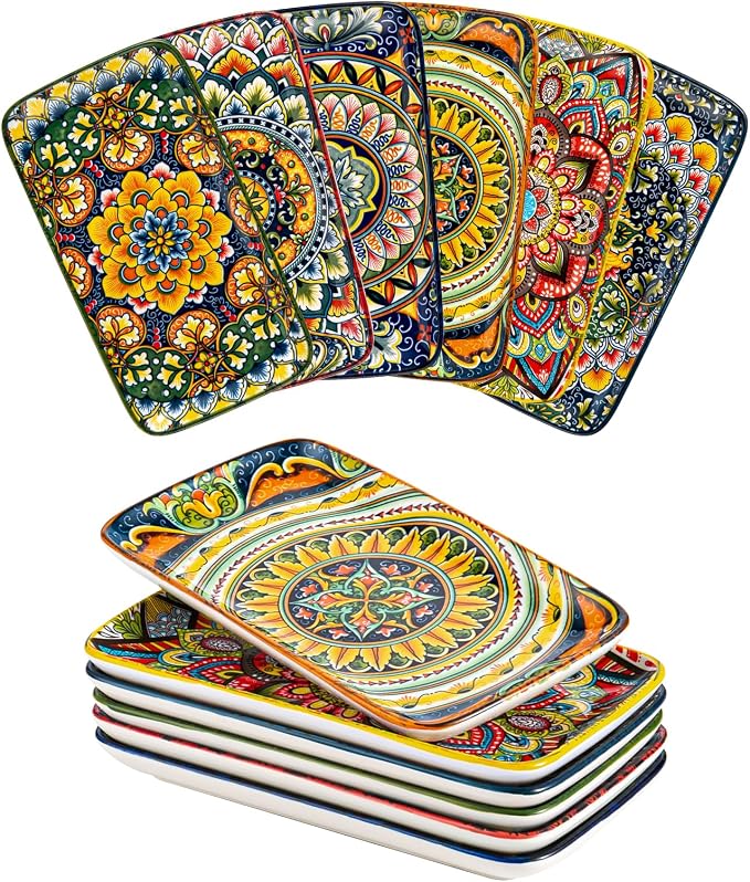 Henten Home Ceramic 8 Inch Salad Plates, Rectangular Snack Plate Set of 6 by HentenHome