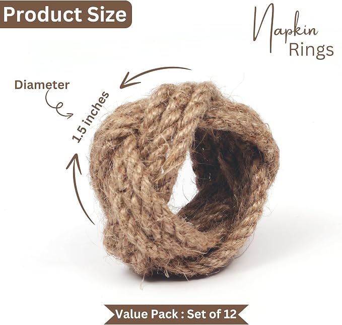 Lightnpro Jute Napkin Rings Set of 12, Classic Hand Woven Napkin Holders - Image 3