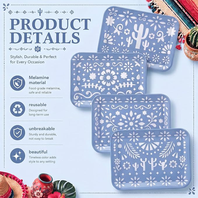 4 Pieces Mexican Serving Trays Blue Fiesta Melamine Platters Reusable Rectangle - Image 3