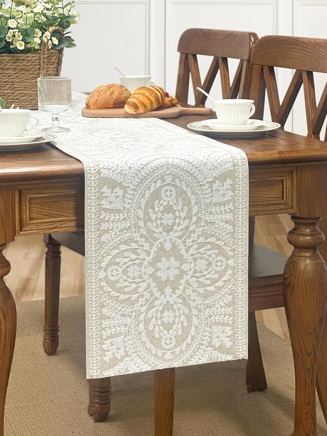 KEVA Boho Table Runner 91inches Long, Farmhouse Rustic Vintage White - Image 6