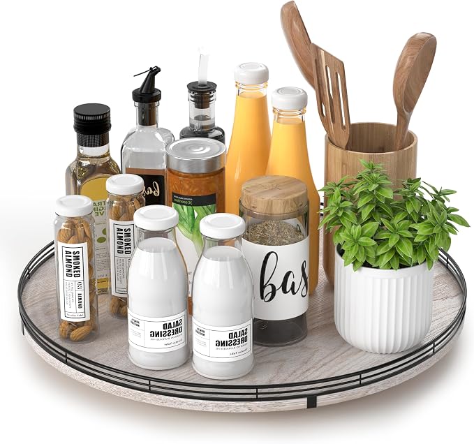 AMH 16-Inch Whitewashed Farmhouse Oak Lazy Susan Organizer | Smooth rotating by AMH
