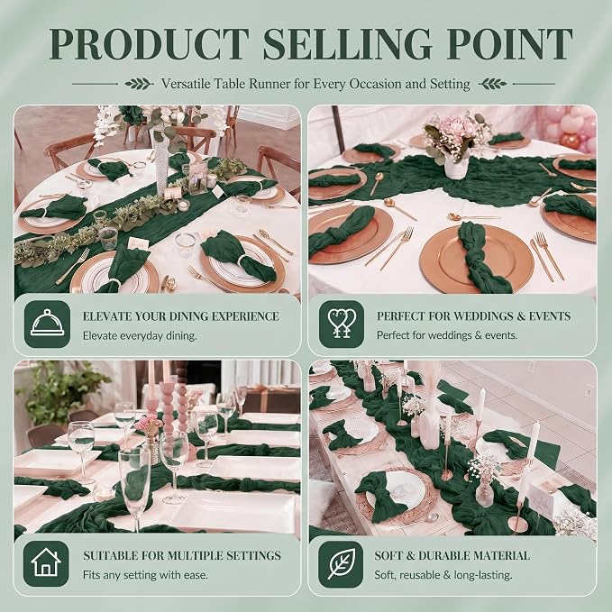 12 Pack Emerald Green Cheesecloth Table Runner 17x108 Inch Boho Rustic Semi - Image 7
