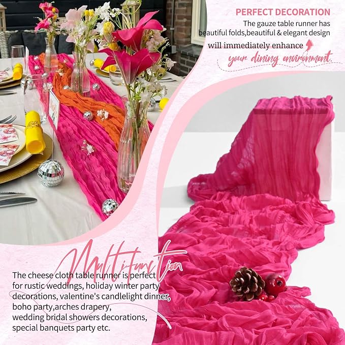 4 Pack Cheesecloth Table Runner 10FT Hot Pink Table Runner Boho Gauze Cheese - Image 6