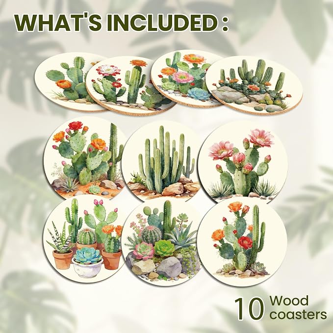 10pcs Coasters for Drinks Funny Cactus Absorbent Coasters Set Round Tabletop - Image 3