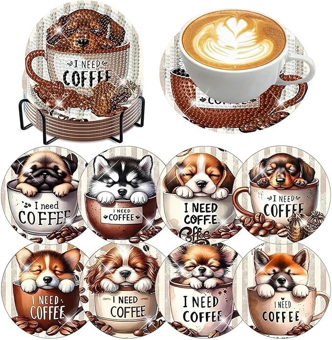 Ekuxom 8 Pcs Coffee Dog Diamond Art Coasters Kits by Ekuxom