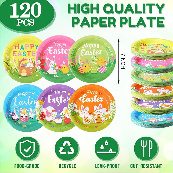 120 Pieces Happy Easter Paper Plates Bulk 7 Inch Bunny Eggs Disposable Easter - Image 2