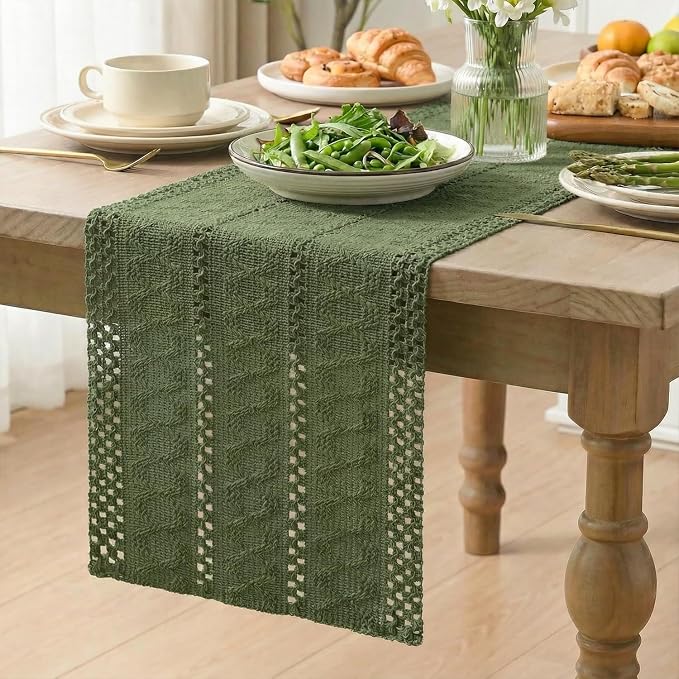 Artoid Mode Army Green Woven Farmhouse Hollow Table Runner 12x72 Inch | Holiday - Image 4